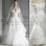 Ball Gown off--Shoulder Floor Length Sweep Train Handmade Flower Tulle Bridal Wedding Gown We14