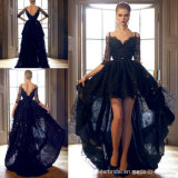 V Collar Lace Prom Formal Gowns Black Hi-Low Short Evening Dress Yao128