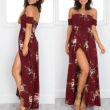 Fashion Women Chiffon Printed Wrapped Chest Strapless Split Long Beach Dress