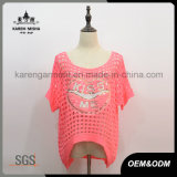 Pink Short Sleeve Sequined Applique Sweater with Hi-Lo Hem