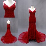 Sexy Spaghetti Straps Beading Red Lace Mermaid Long Evening Gown