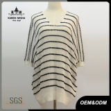 V-Neck Short Sleeve Oversized Black Striped Sweater for Women