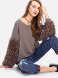 Faux Fur Sleeve Ribbed Knit Fashion Sweateshirt