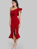New Fashion Plain Color Flounce One Shoulder Slit Fishtail Dresses for Women