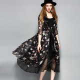 Black Apparel's Knee Length Floal Printed Lace-up Women Dress