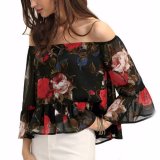 Fashion Women Flower Chiffon off Shoulder Flare Sleeve Blouse