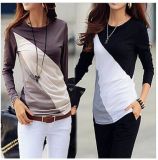 Long Sleeve Contrast Color Spliced Round Neck Tee Tops Blouse