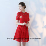 O-Neck Short Cap Sleeve Elegant Lace Red Bridesmaid Dresses