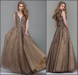 Beads Bronze Lace Prom Dresses Custom Sleeveless V-Neck Party Evening Gowns Z1046
