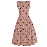Latest MIDI Length Kitty Printing Pink Beautiful Dress for Girls