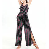 Fashion Women Leisure Stripe Printed Hem Split Bandage Jumpsuit Dress