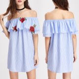 Fashion Women Leisure Casual Stripe Flower Embroidery off Shoulder Dress