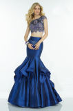 Beading Crop Top Royal Blue Taffeta Layered Skirt Mermaid Evening Dress