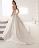 Elegant V Neck Lace Top Bow Waist Satin Wedding Dress