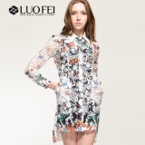 Women Button Down Long Sleeve Hi Low Printed Lace Dress