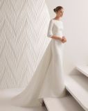 Boat Neck 3/4 Sleeve Hollow Back Removable Train Satin Mermaid Bridal Wedding Dress