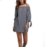 Fashion Women Leisure off Shoulder Bandage Plaid Shirt Blouse