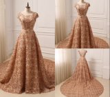 Newest Cap Sleeve Gold Long Tail Flower Wedding Bridal Gowns