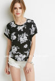 Summer New Short-Sleeved Round Neckline Boxy Flower Printing T-Shirt