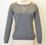 Women Pure Color Round Neck Lace Pullover Knit Sweater