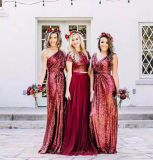 Wine Sequins Bridesmaid Formal Gowns Chiffon Tulle Prom Dress PC2015