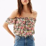 Fashion Women Chiffon Flower Printed off Shoulder Clothes T-Shirt Blouse