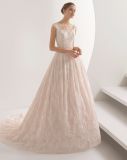 Custom Make Boat Neck Light Pink Lace Wedding Dress Bridal Gown