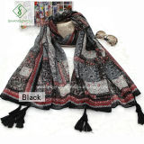 Folk Style Floral Puzzle Printed Shawl with Tassel Fashion Scarf