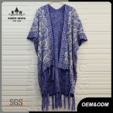 Women Fashion Blue Folk Fringe Cardigan Sweater