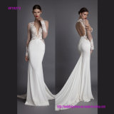Luxurious Transparent Lace Long Sleeve Mermaid Wedding Dress with Fan Back