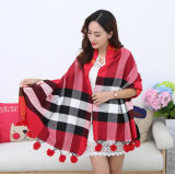 Lady Fashion Acrylic Woven Shawl with Fur Ball Decoration (YKY4453)