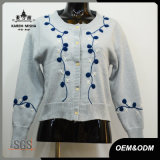 Women Fashion Embroidery Blue Button Knitted Cardigan