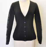 100%Merino Wool Women Deep V-Neck Lace Sleeve Cardigan with Button