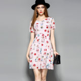 Short Sleeve Floral Printed Sweet Silk Women Party Dress