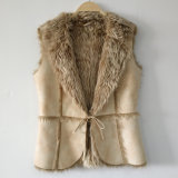 Beige Cut-out Suede Vest with Faux Fur Lining