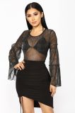 Fashion See-Through Bodysuit Tops with Long Sleeve Round Collar Bodysuit Tops