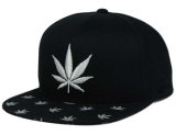 6 Panels Black Cotton Snapback Hat and Cap with White 2D Leaves Embroidery Brim