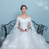 Elegant Lace Satin off-Shoulder Wedding Gown with Shawl (Dream-100045)