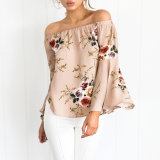 Fashion Women Leisure Chiffon Printed Sexy off Shoulder Falbala Shirt Blouse