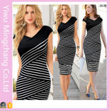 2016 Europe and America Black and White Striped Plus Size Slimming Pencil Dress