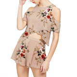 Fashion Women Chiffon Printed off Shoulder Crop Top Suit Dress