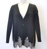 Women V-Neck Cardigan Knit Sweater with Hem Lace