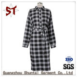 Women Simple Plaid Long Shirt Dress with Waist Bel