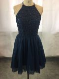 Halter Navy Blue Beading Short Cocktail Party Evening Gowns Dresses