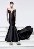 Long Sleeve Black Satin Beading Mermaid Evening Dress