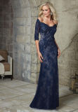 off Shoulder 3/4 Sleeves Lace Mermaid Navy Blue Evening Dress