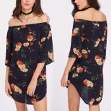 Fashion Women Leisure Casual Chiffon Flower Printed off Shoulder Dress