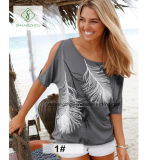 European Hot Sale Feather Printed Strapless Short Sleeved Women T-Shirt