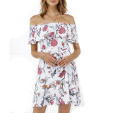 Fashion Women Leisure Casual Chiffon Printed off Shoulder Bandage Dress