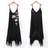 Fashion Women Sexy Slm V-Neck Tassel Flower Embroidery Slip Dress